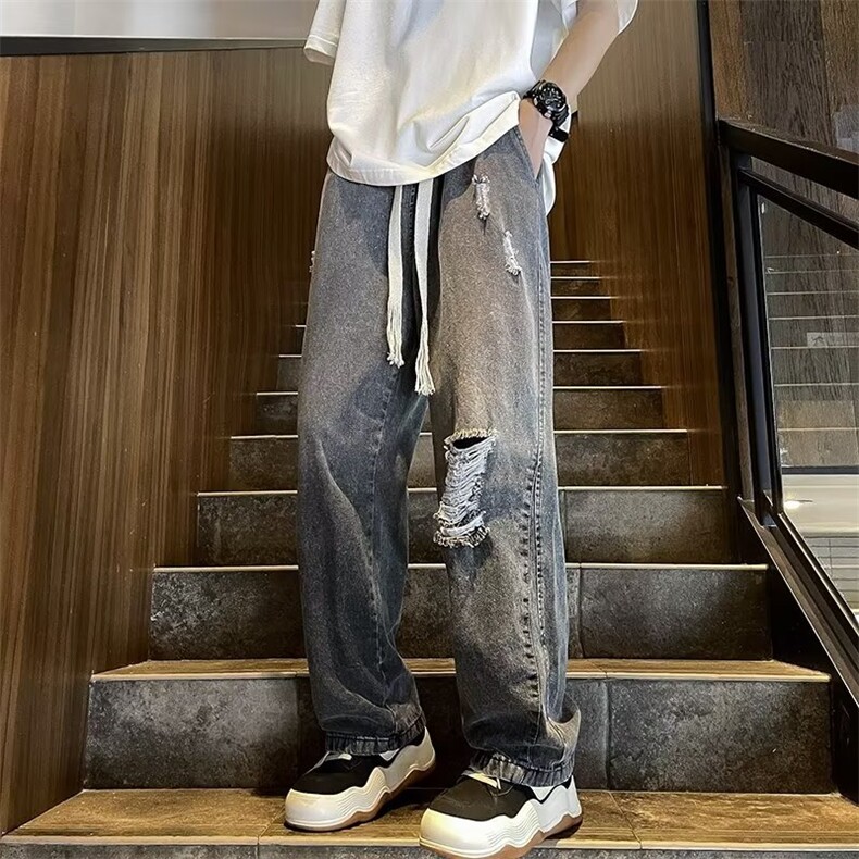 夏季破洞牛仔裤男美式ins潮牌复古宽松百搭做旧直筒裤子AN07-P45,男装牛仔裤,星座1008