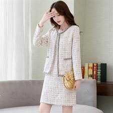 小香风毛呢套装春秋女气质优雅减龄修身显瘦洋气时尚两件套连衣裙，女装套装/套裙，香莘料