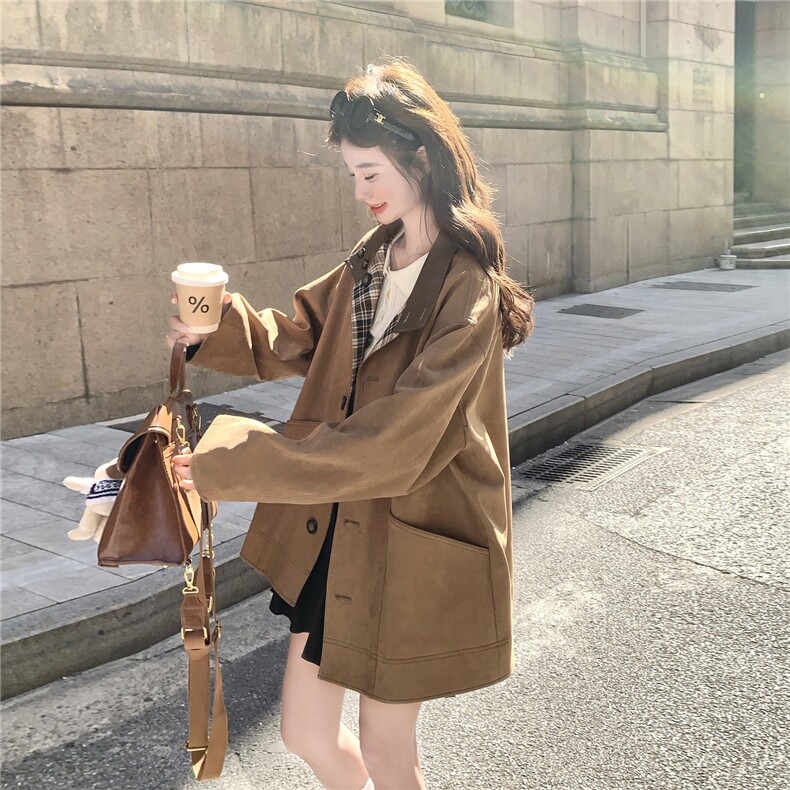 美拉德格纹拼接咖色外套女春秋2025新款甜美减龄穿搭大衣流行爆款,女装短外套,2B237
