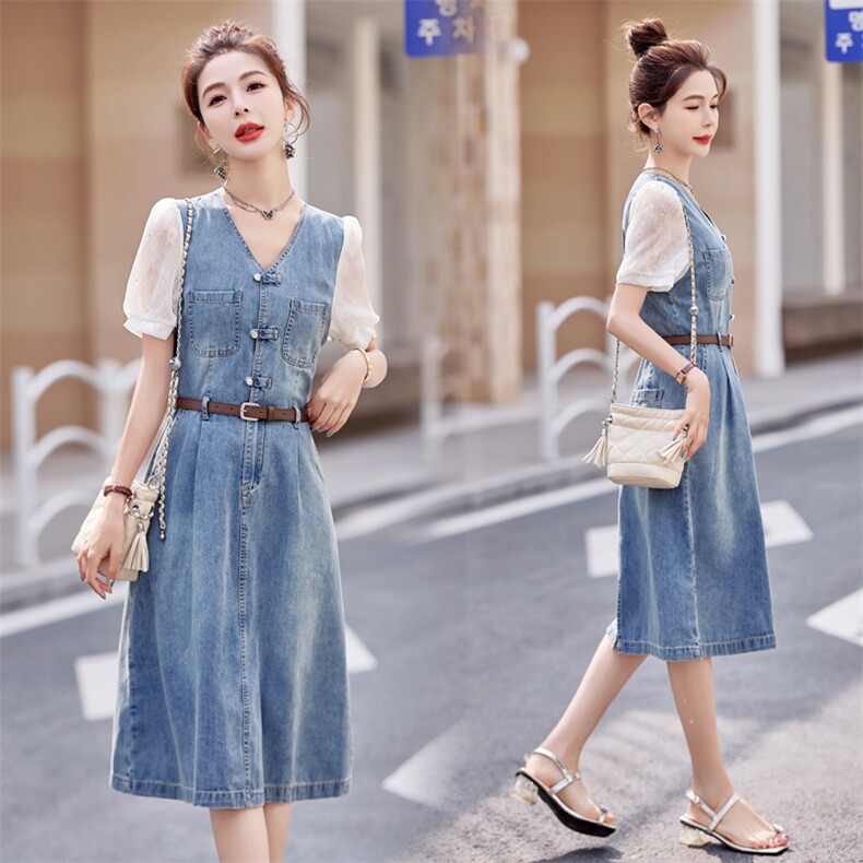 2024夏季新款新中式拼接蕾丝袖中长款牛仔短袖收腰长裙，女装连衣裙，瑶迪依秀