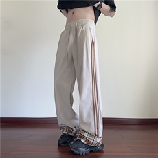 抖音品质夏季新款潮流格子撞色宽松冰丝裤B315-K25642-特p35控68，男装休闲裤，电商B315