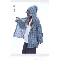 夏季美式格纹防晒连帽男女慵懒风防晒衬衣情侣长袖薄外套C1000p38，男装防晒衣，电商D315