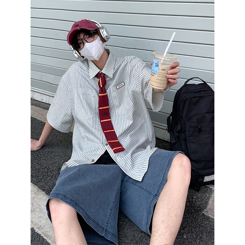 夏季潮流大码宽松百搭撞色贴标条纹短袖衬衫DC2218-P38【特价】,男装T恤,电商A007