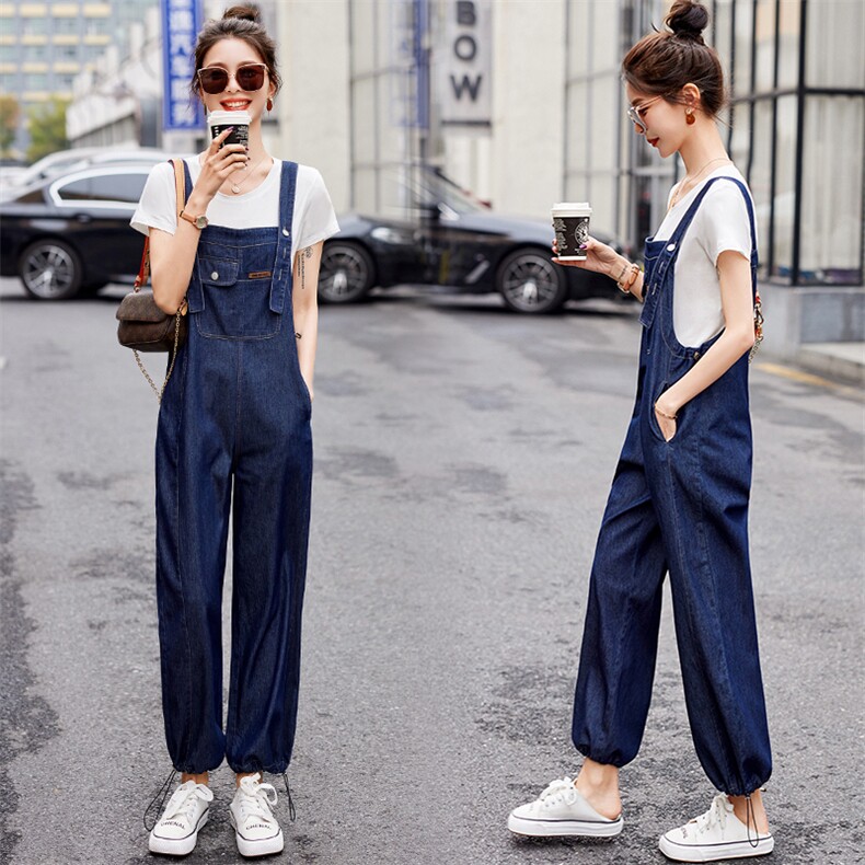 时尚简约牛仔背带裤女2025春秋新网红炸街宽松洋气显瘦阔腿两件套,女装套装/套裙,E百度
