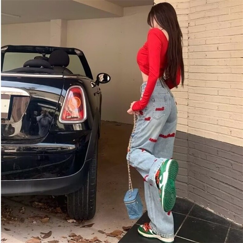 高腰阔腿牛仔裤女2025新款春秋季显瘦红色刺绣浅色小个子直筒裤,男装牛仔裤,星座506A