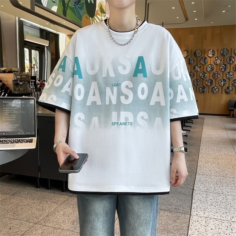 25158-特P40夏季假两件T恤男短袖打底衫青少年潮牌印花短袖T恤,男装T恤,电商D310B
