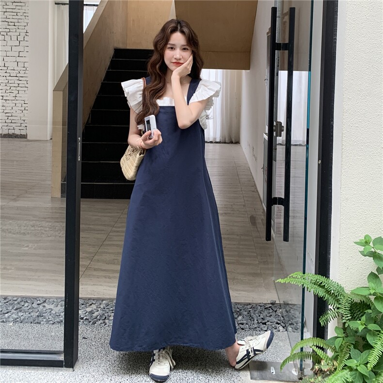 小飞袖衬衫蓝色背带裙女夏两件套连衣裙俏皮减龄学院风流行超火,女装连衣裙,2D045