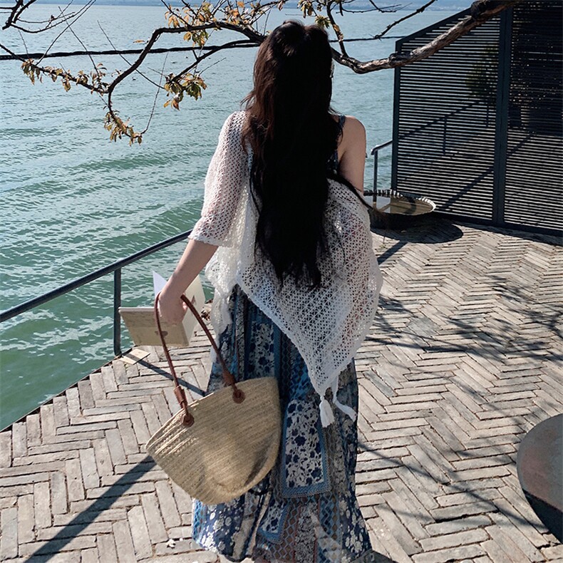 蓝色法式防晒衫吊带裙套装女2025春夏新款海边度假波西米亚连衣裙,女装连衣裙,2C177