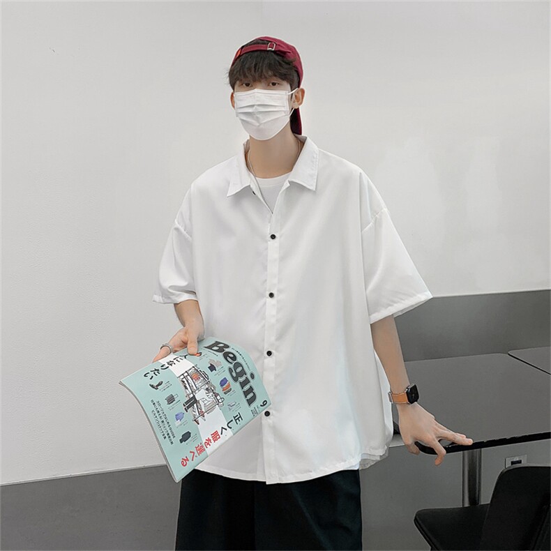 2025夏装黑色痞帅短袖燕尾衬衫男宽松冰丝衬衣C303P30,男装T恤,电商C323