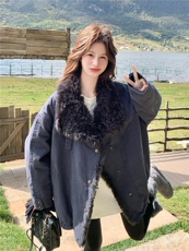 韩系藏青色羊羔毛领加厚保暖派克服女冬中长款外套，女装派克服，2C259