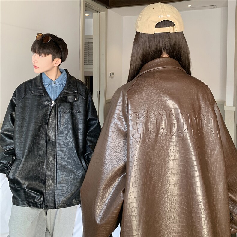 港风钢印夹克大码皮衣鳄鱼纹情侣皮衣男外套男JK8749P90控128,男装夹克,星座226-1