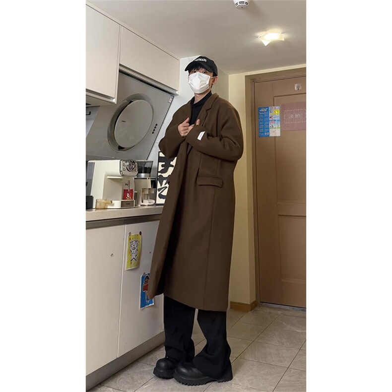 （有货加棉）ins原版加长毛呢大衣冬季加厚袖标款风衣NZ665批135,男装风衣,星座1004-6