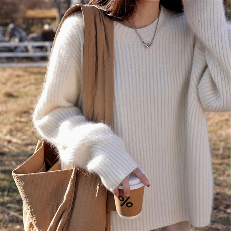 秋冬新款坑条纹软糯宽松套头短款毛衣女加厚，女装针织衫/毛衣，胜智羊绒