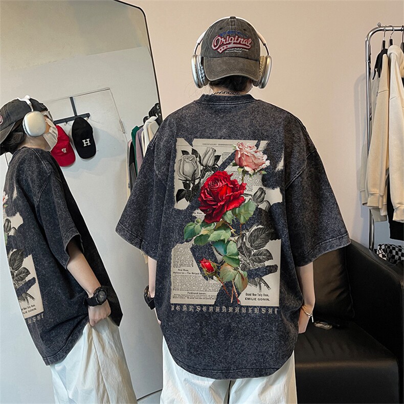 xz605-dsx128-特批30控492026春季新款玫瑰报纸印花水洗短袖T恤,男装T恤,星座605(原A050)