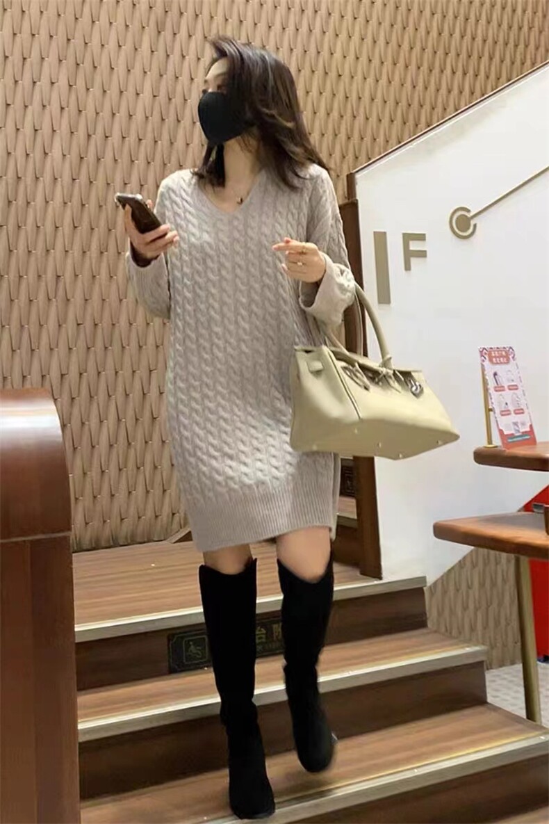 毛衣女羊绒衫新款加厚慵懒百搭法式复古麻花软糯针织连衣裙秋冬季,女装连衣裙,美莎羊绒