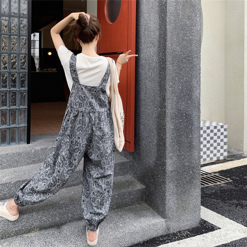 休闲气质灰色印花背带裤女夏2025新款松弛感穿搭连体裤爆款高级感,女装套装/套裙,2C259