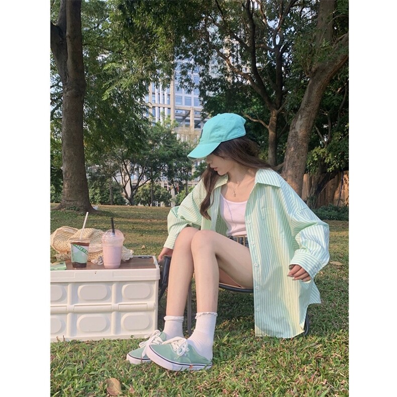 TC692-P45高级感绿色防晒条纹衬衫设计感小众中长款上衣,女装衬衫,星座617A-2