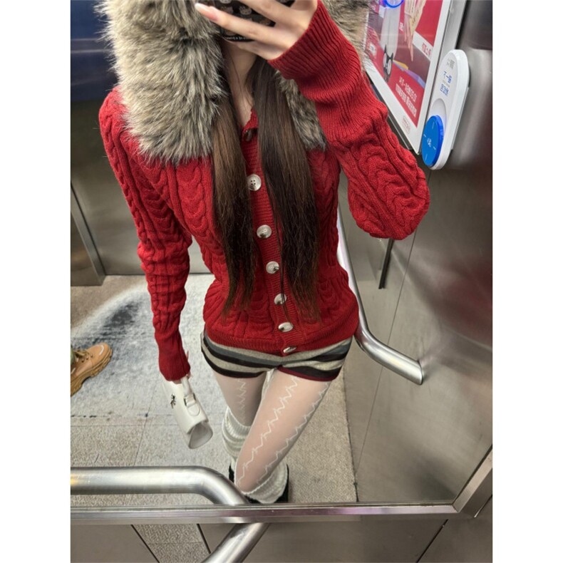 1506-1/G38080/P73法式时尚气质感复古毛领连帽红色麻花毛衣,男装针织衫/毛衣,星座1506A