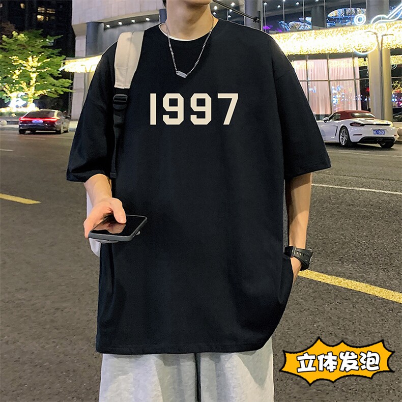 T658P32立体泡沫印花夏季新品高街美式短袖T恤宽松重磅纯棉体恤图片