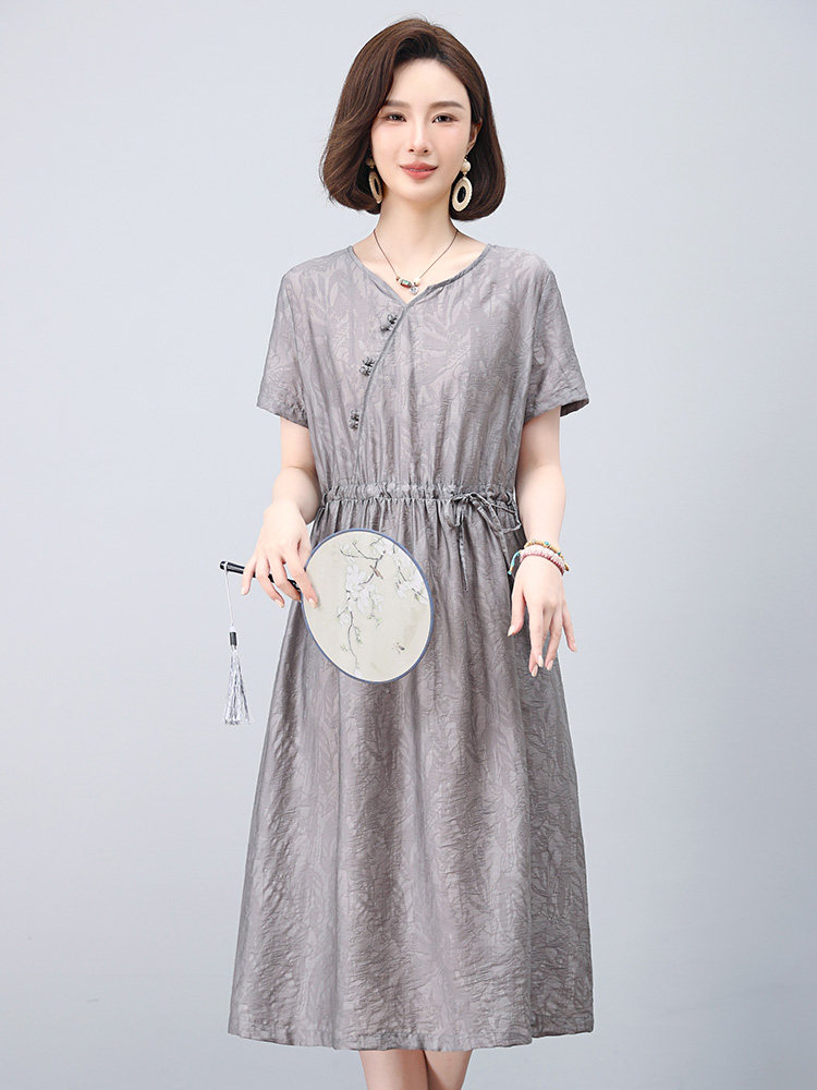 2025夏装新款新中式盘扣收腰显瘦短袖连衣裙,女装连衣裙,雪樱依海