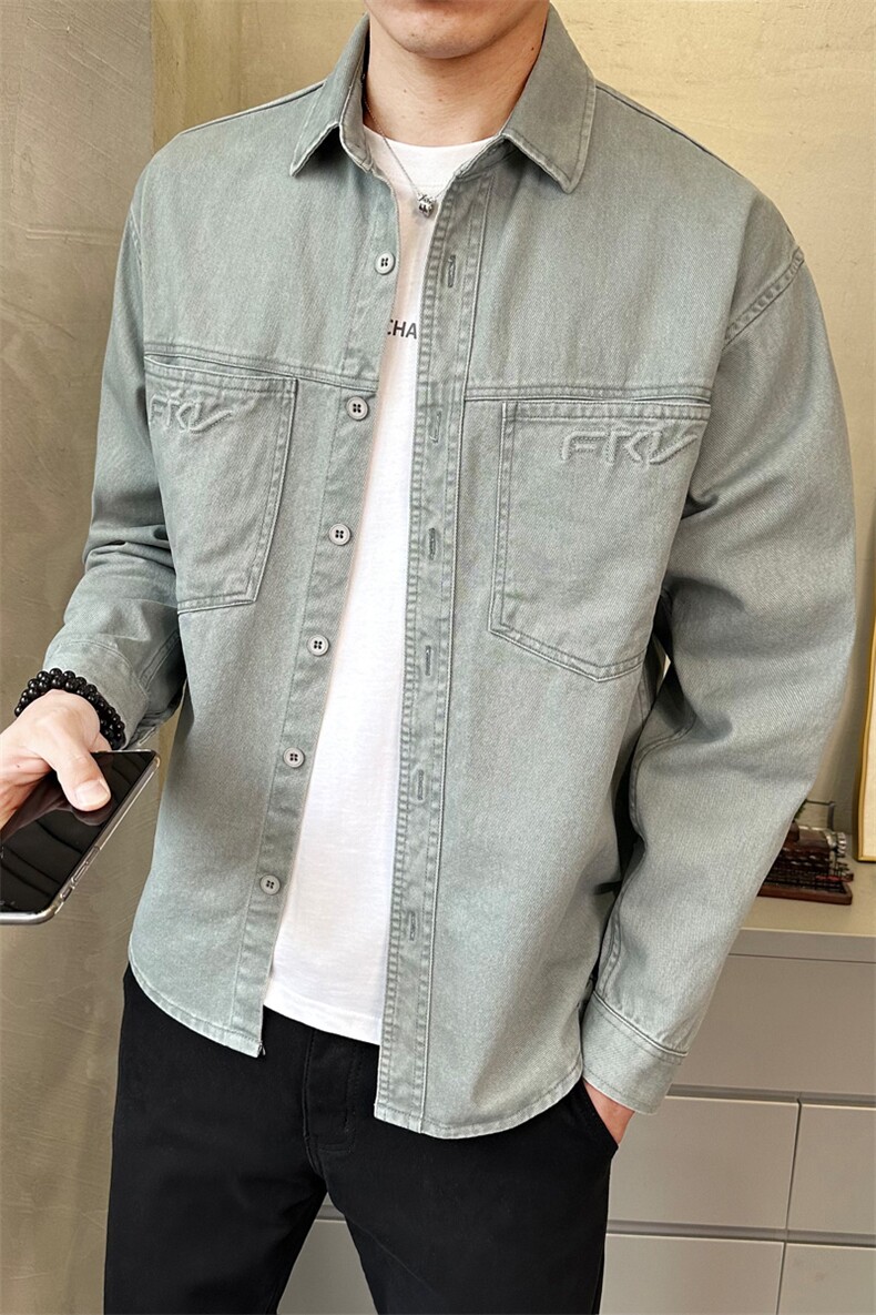 春季新款纯色工装牛仔衬衫外套男休闲百搭长袖衬衣上衣C1822-P95,男装衬衫,电商A237