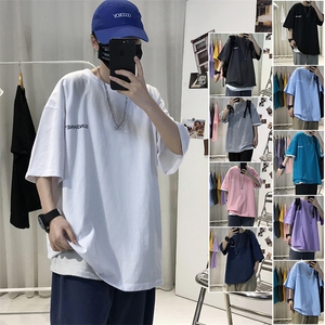 T06重磅特港风文艺男大码宽松五分袖半袖短袖T恤可定制大码男女图片