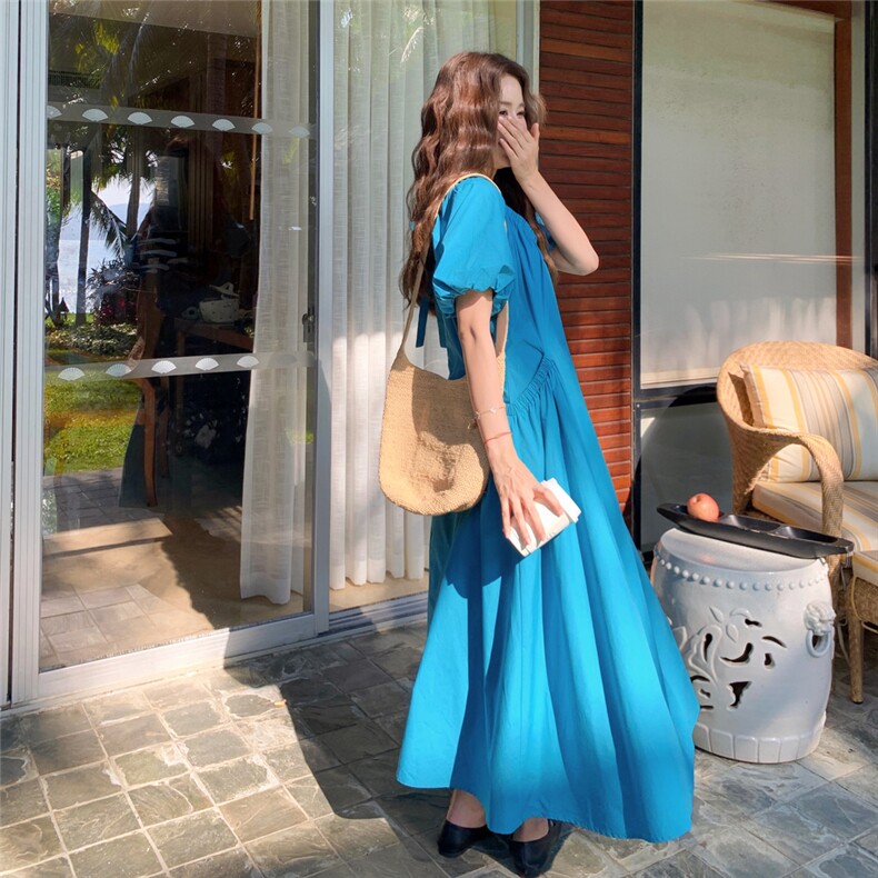 蓝色简单大方的连衣裙女2025夏季新款法式气质显瘦海边度假风长裙,女装连衣裙,2C218