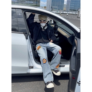 复古美式牛仔裤男生夏季宽松阔腿水洗直筒长裤AA284-P55图片