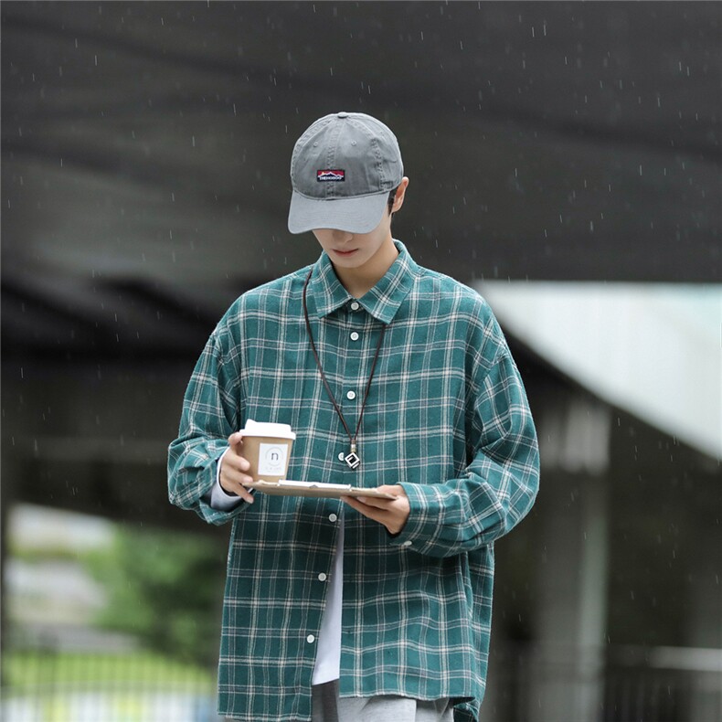 港风山系秋款时尚宽松格子长袖翻领衬衫S60P38控58,男装衬衫,电商A247