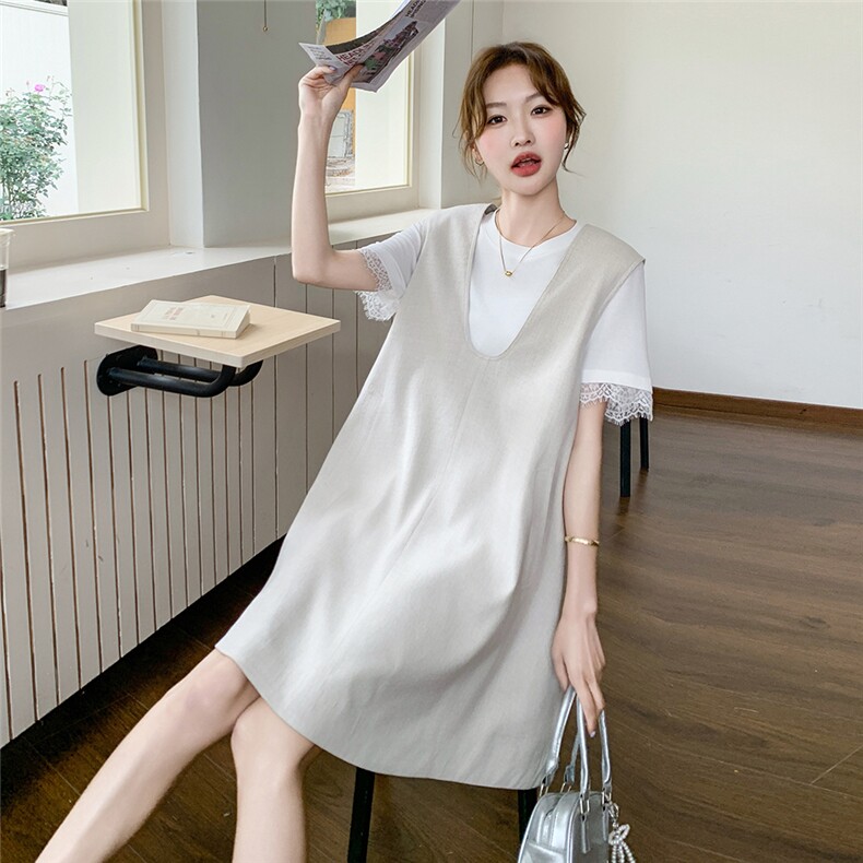 慵懒风蕾丝拼接T恤背心裙女2025夏季新款设计感连衣裙,女装连衣裙,维壹