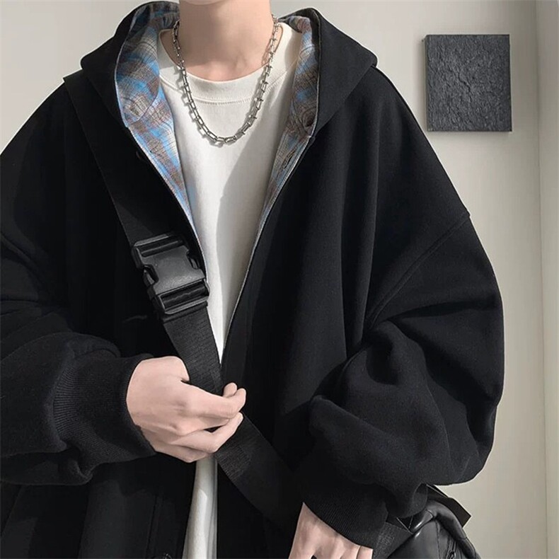 wassuphappy日系开衫卫衣男秋冬季潮牌重磅格子休闲外套宽松上衣,男装卫衣,星座302B