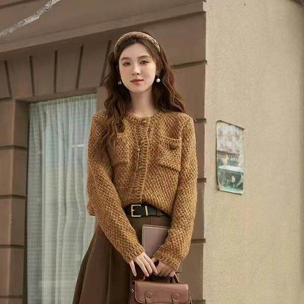 小香风软糯气质开衫2024年秋季长袖纯色针织衫，女装针织衫/毛衣，鑫友供货