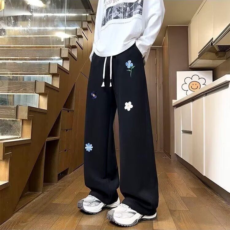 立体小花刺绣直筒宽松水洗牛仔裤男女美式复古情侣设计感阔腿长裤,女装休闲裤,星座1210-1