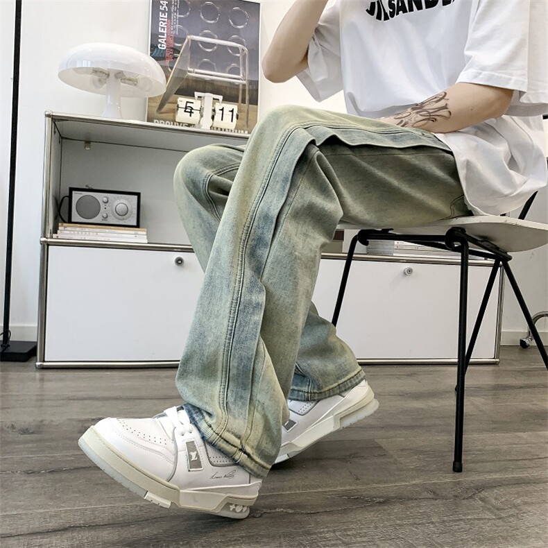 美式潮高街黄泥水洗牛仔裤男直筒宽松拼接休闲长裤N0724-P55,男装牛仔裤,星座308B-1