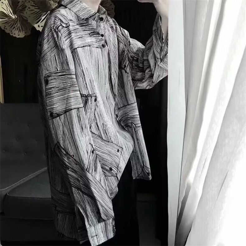 慵懒港风花衬衫男潮流垂感宽松情侣装长袖衬衣C331,男装衬衫,星座1116A（原606A-3）
