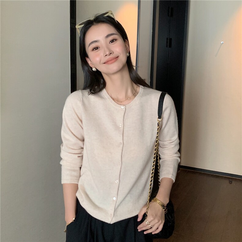 2025秋冬百搭时尚简约开衫圆领长袖针织衫,女装羊绒衫,玛卡隆羊绒