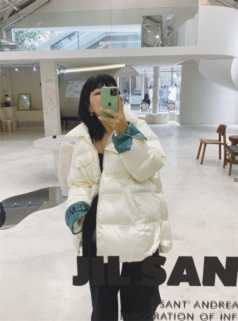 2021冬款翻领袖子印花字母面包服羽绒服，女装羽绒服，金漫莎