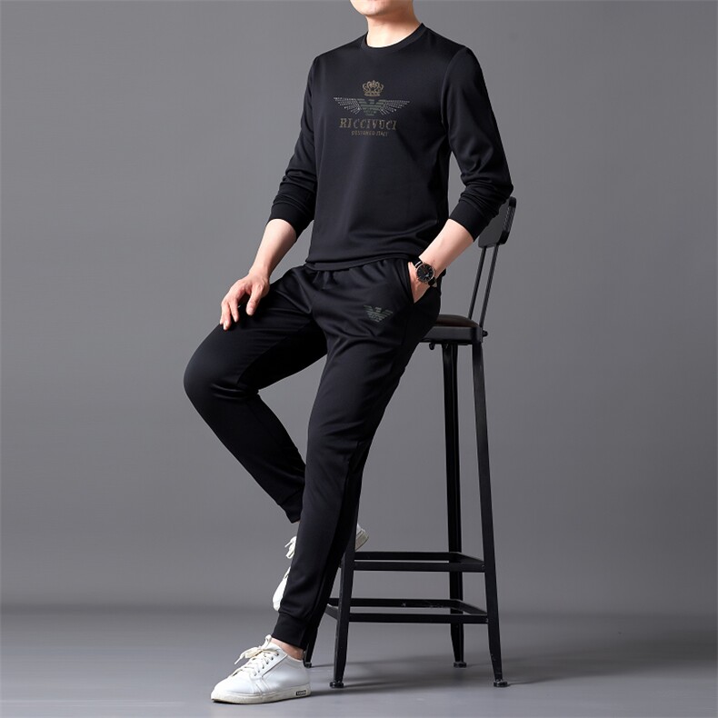 春季新款长袖t恤套装中青年男士潮流休闲百搭春秋运动纯色两件套，男装休闲套装，电商B212（原钱塘6029）