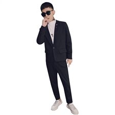 春款社会风小伙休闲商务条纹修身西服西装两件套装D969-P165控205，男装西服套装，星座308A