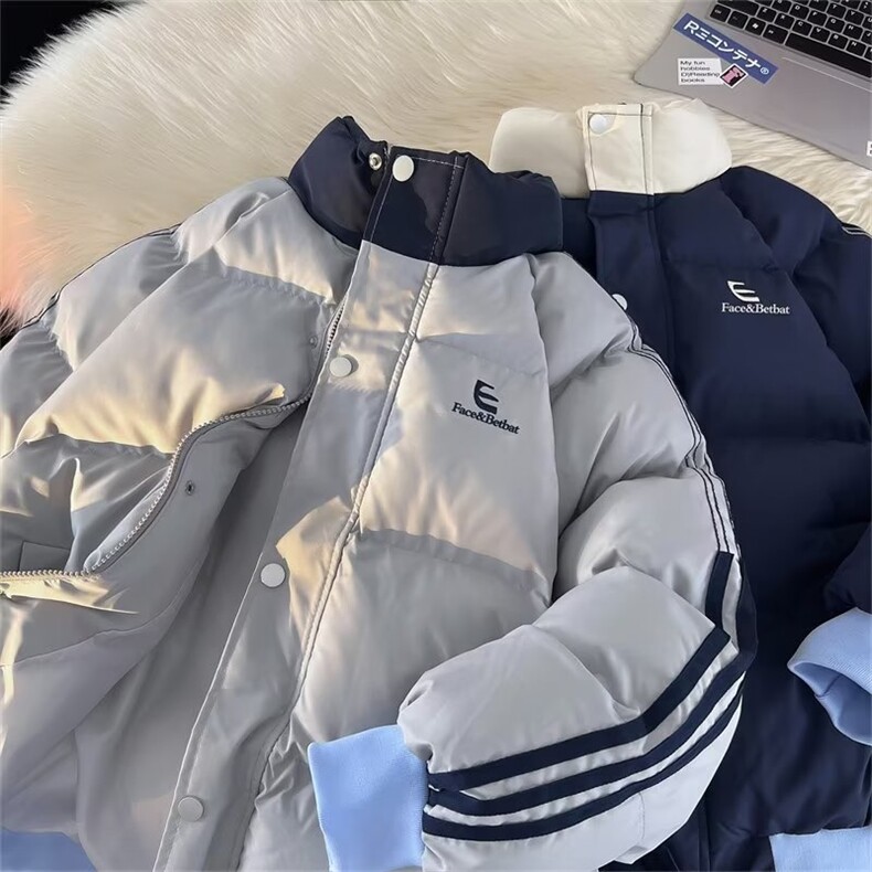 美式立领拼色三条纹棉服男女加厚保暖宽松面包服棉衣外套~Q4613,男装棉衣,星座601-2
