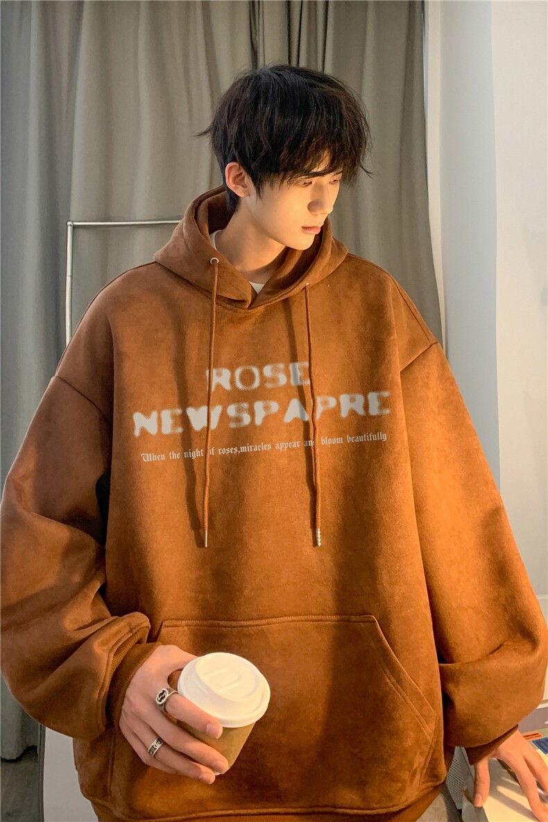 抖音品质美式复古玫瑰印花宽松麂皮绒连帽卫衣JK23389特批43-控69,男装卫衣,星座605(原A050)