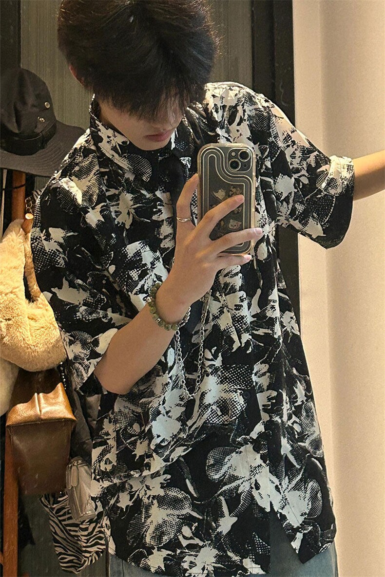 高级感垂感短袖衬衫痞帅水墨免烫衬衣CS519特P37,男装衬衫,星座908-1