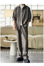 轻熟小众垂感宽松时尚纯色简约衬衫套装肌理感两件套TZ51/P185，男装衬衫，电商A243