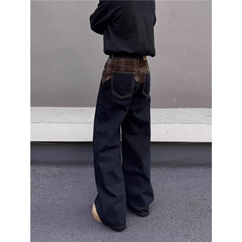BLACKAT美式复古围巾拼接格纹丹宁牛仔裤男cleanfit直筒宽松长裤，男装牛仔裤，四季星座505