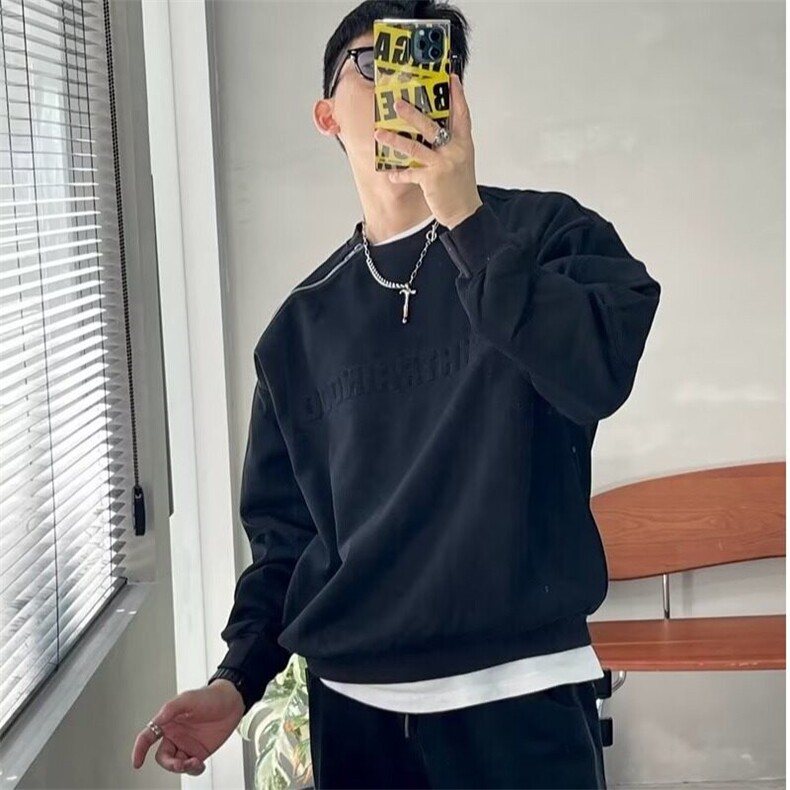 春秋季美式潮牌宽松廓形落肩钢印凸起字母拉链圆领卫衣男INS外套,男装卫衣,星座506A