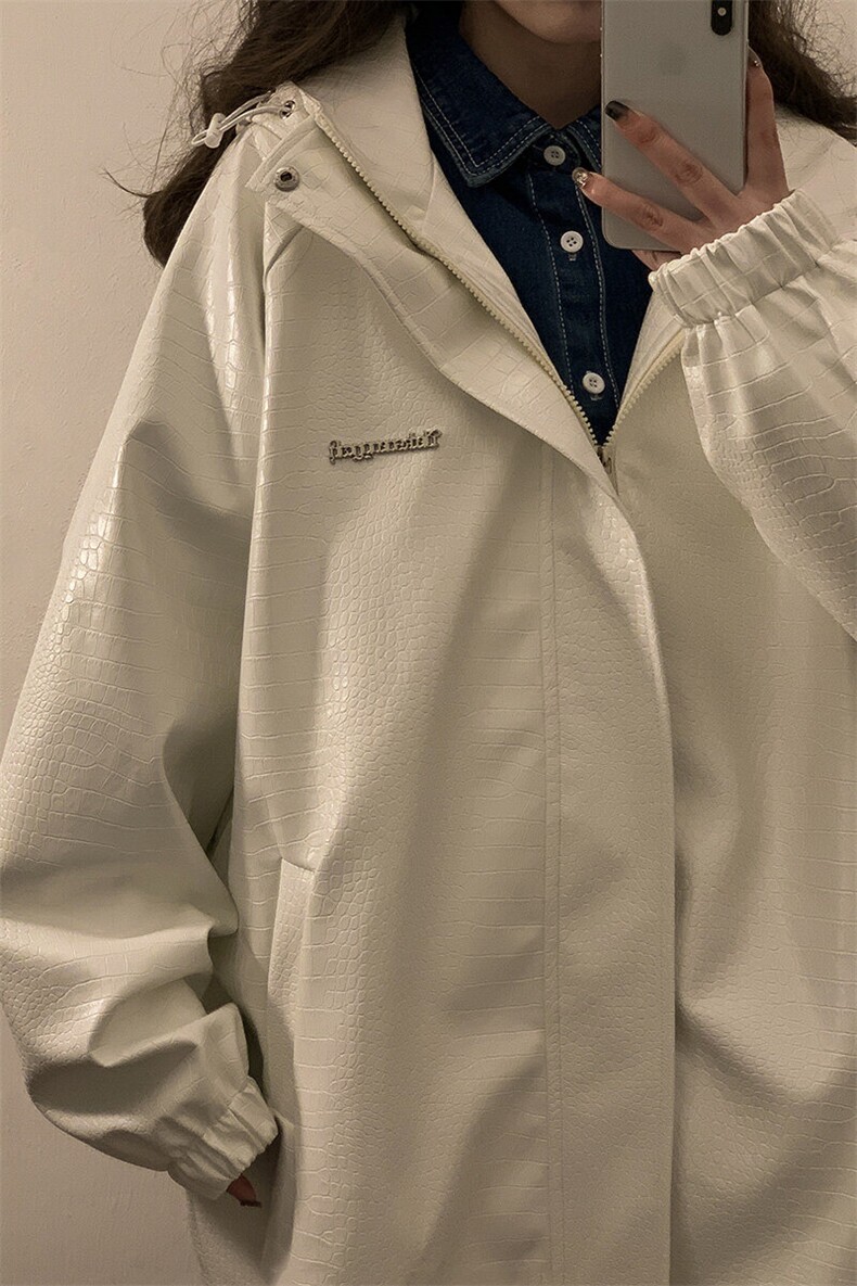 中性连帽鳄鱼纹PU皮衣大码情侣休闲冲锋衣夹克男JK8744P90控128,女装短外套,星座226-1