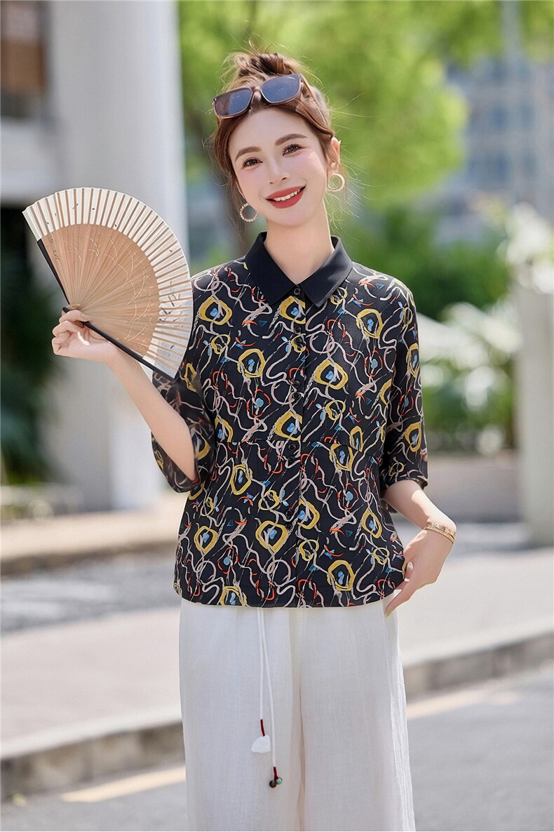 撞色翻领印花衬衫女2026夏新款休闲宽松遮肉显瘦小衫短款上衣,女装衬衫,余墨