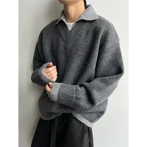 现货JY145-P61慵懒灰色假两件V领撞色针织毛衣男网图
