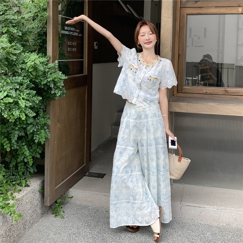 蓝色小香风上衣套装女2025夏季新款设计感蕾丝宽松阔腿裤两件套图片