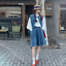 2025夏季新款牛仔无袖马甲五分短裤女今年流行宽松休闲宽松套装潮，女装套装/套裙，2C112
